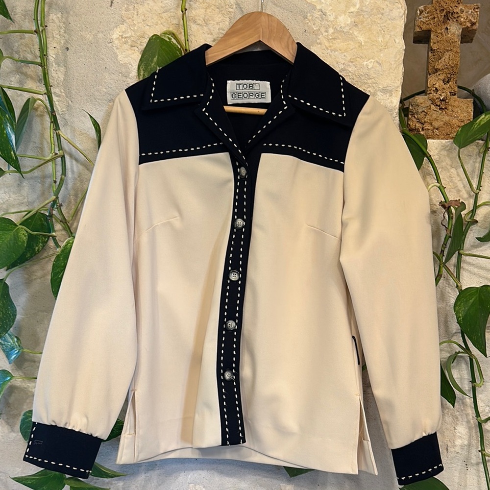 Ivory and Black Women's Retro Western Top with Stitching
